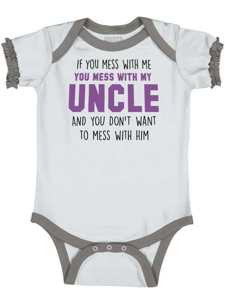 Mess With My Uncle Baby Ruffled Trim Romper-Direct To Garment Print-Brisco Baby