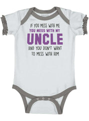 Mess With My Uncle Baby Ruffled Trim Romper-Direct To Garment Print-Brisco Baby