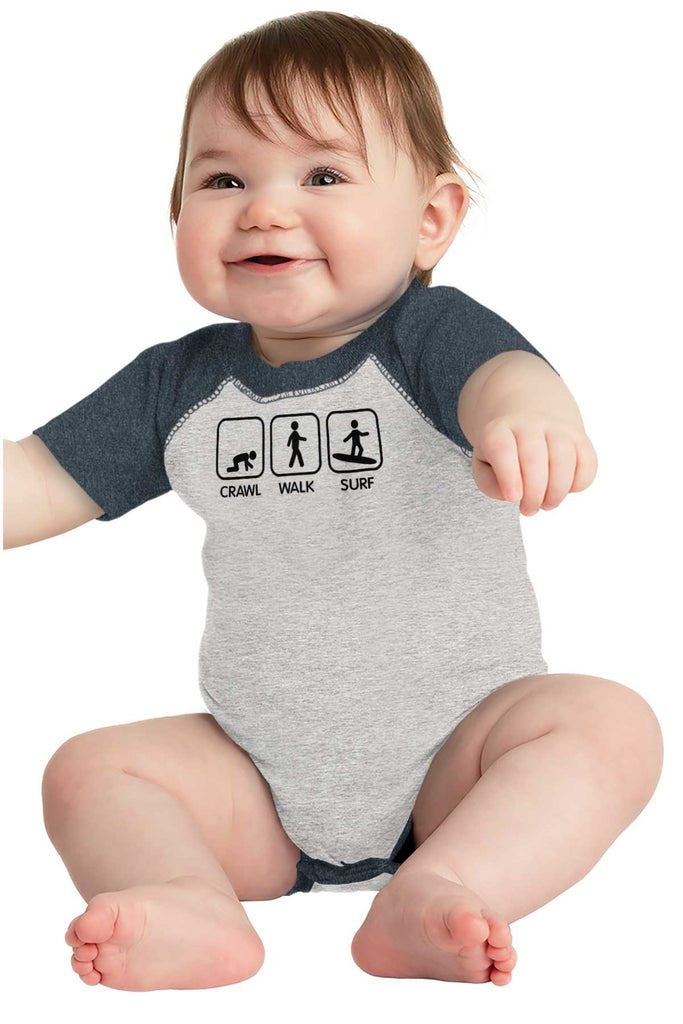 Crawl Walk Surf Raglan Romper Bodysuit-Direct To Garment Print-Brisco Baby