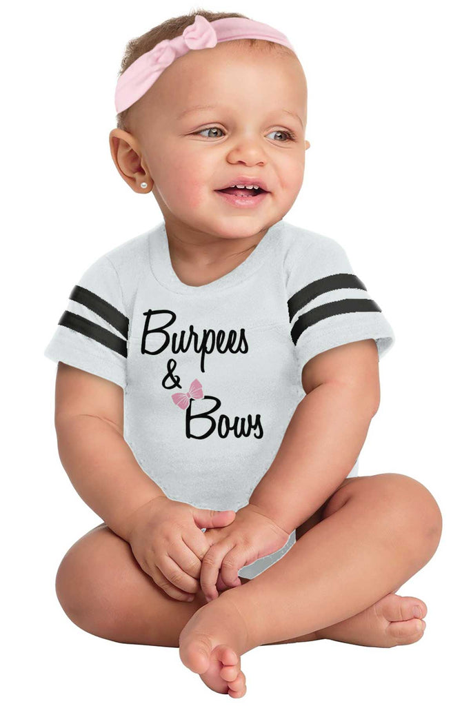 Burpees and Bows Football Romper Bodysuit-Direct To Garment Print-Brisco Baby