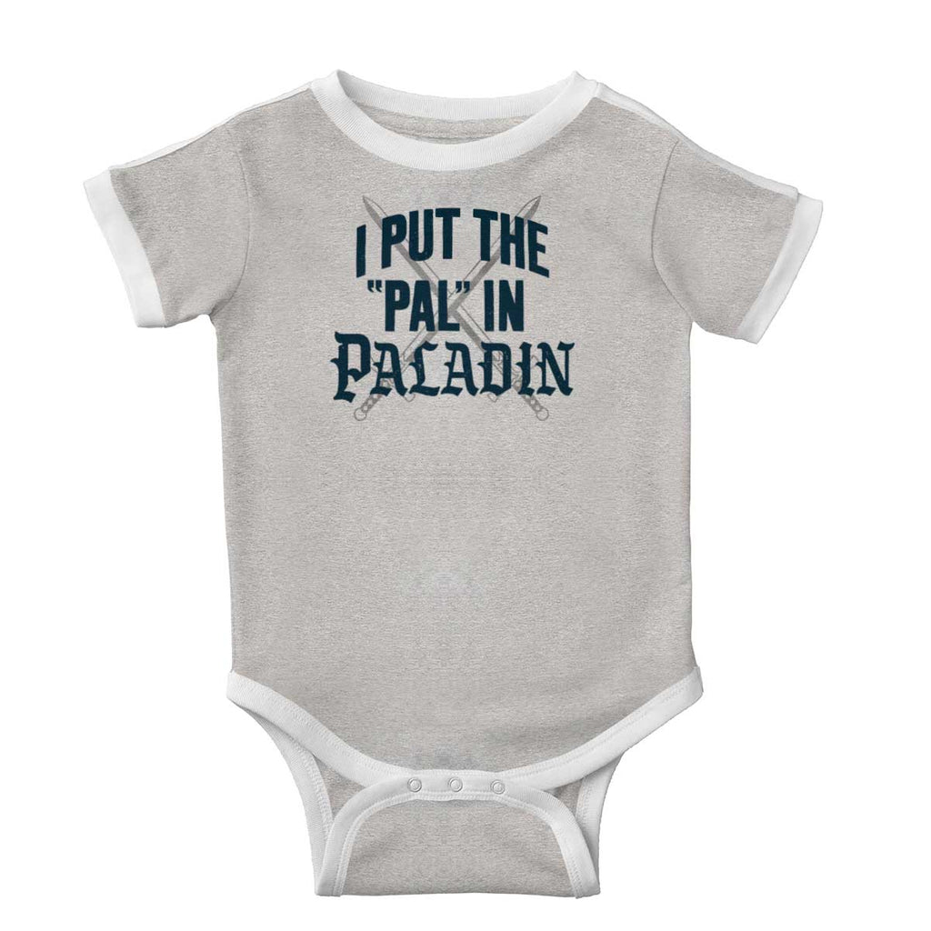 Put The Pal In Paladin Dungeons Ringer Romper Bodysuit-Direct To Garment Print-Brisco Baby