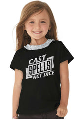 Cast Spells Not Dice Dungeons Toddler Ruffled Trim T-Shirt-Direct To Garment Print-Brisco Baby