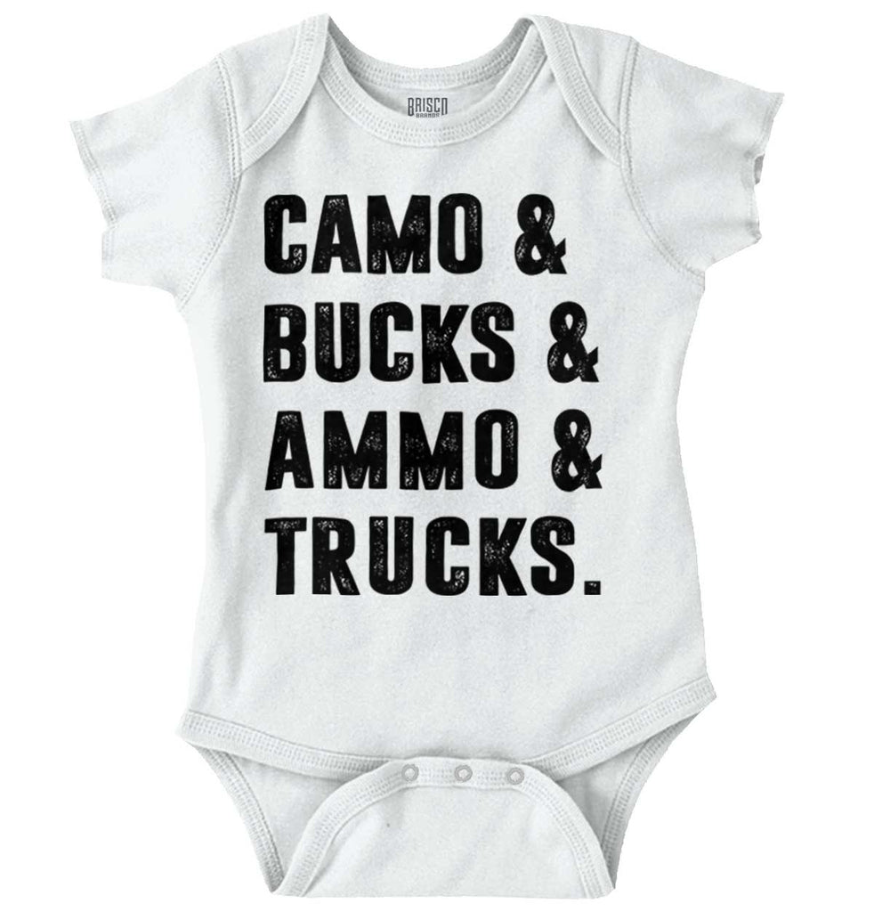 Camo Bucks Ammo Trucks Romper Bodysuit-Direct To Garment Print-Brisco Baby