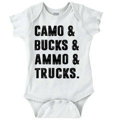 Camo Bucks Ammo Trucks Romper Bodysuit-Direct To Garment Print-Brisco Baby