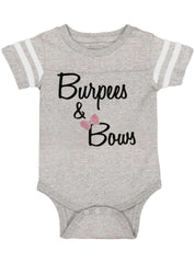 Burpees and Bows Football Romper Bodysuit-Direct To Garment Print-Brisco Baby