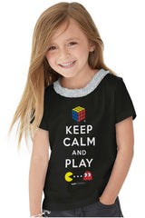 Keep Calm And Play Toddler Ruffled Trim T-Shirt-Direct To Garment Print-Brisco Baby