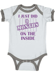 9 Months On The Inside Baby Ruffled Trim Romper-Direct To Garment Print-Brisco Baby