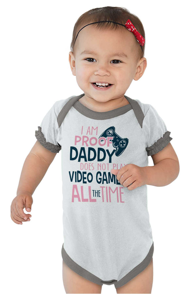Daddy Plays Video Games Baby Ruffled Trim Romper-Direct To Garment Print-Brisco Baby