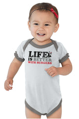 Better With Burgers Baby Ruffled Trim Romper-Direct To Garment Print-Brisco Baby