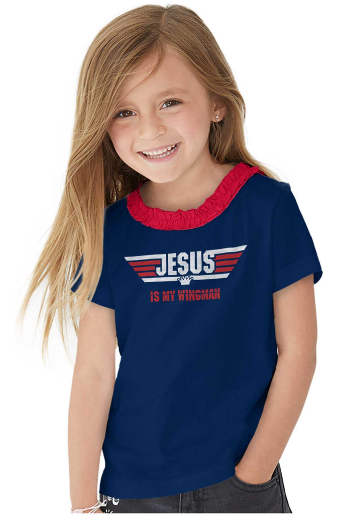 Jesus Is My Wingman Toddler Ruffled Trim T-Shirt-Direct To Garment Print-Brisco Baby