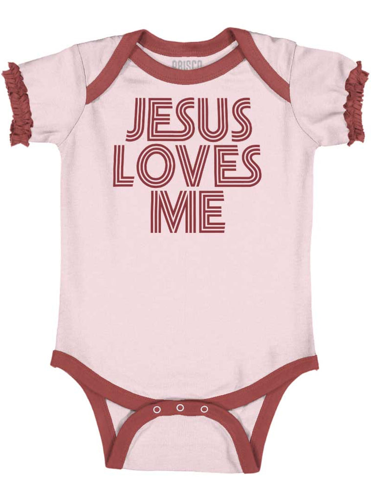 Christ Loves Me Baby Ruffled Trim Romper-Direct To Garment Print-Brisco Baby