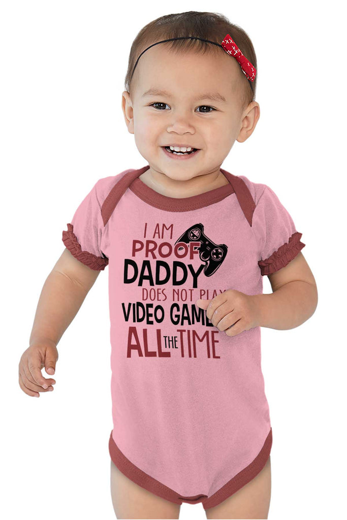 Daddy Plays Video Games Baby Ruffled Trim Romper-Direct To Garment Print-Brisco Baby