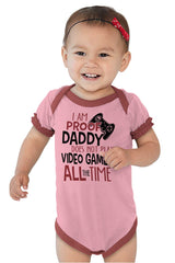 Daddy Plays Video Games Baby Ruffled Trim Romper-Direct To Garment Print-Brisco Baby