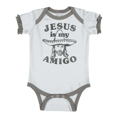 Amigo Jesus Baby Ruffled Trim Romper-Direct To Garment Print-Brisco Baby