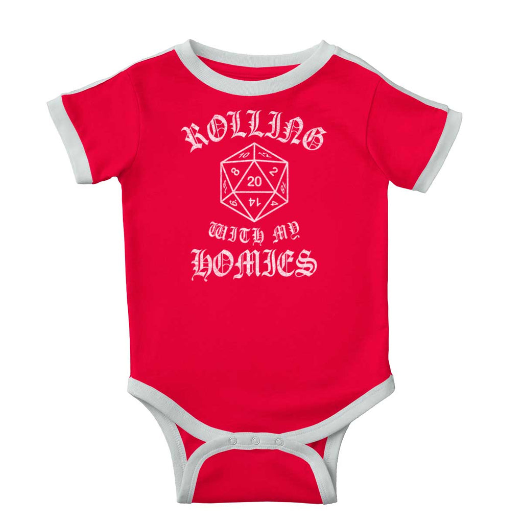 Rolling With My Homies Dungeons Ringer Romper Bodysuit-Direct To Garment Print-Brisco Baby