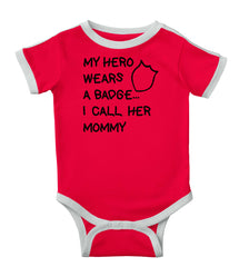 Hero Wears Badge Ringer Romper Bodysuit-Direct To Garment Print-Brisco Baby