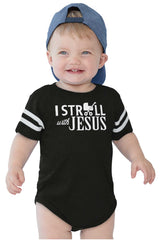 Stroll With Jesus Football Romper Bodysuit-Direct To Garment Print-Brisco Baby