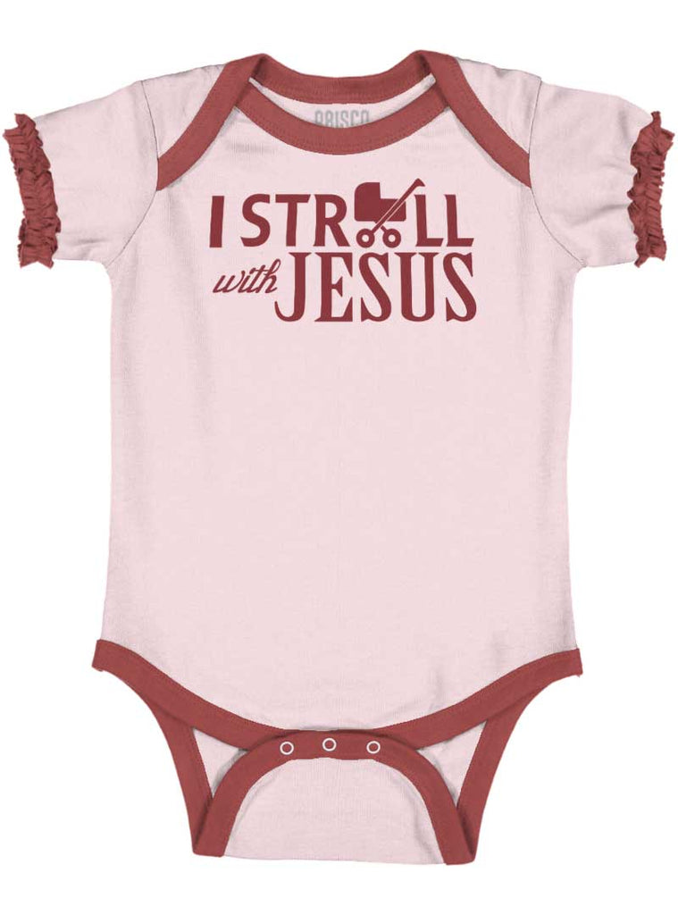Stroll With Jesus Baby Ruffled Trim Romper-Direct To Garment Print-Brisco Baby