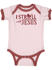 Stroll With Jesus Baby Ruffled Trim Romper-Direct To Garment Print-Brisco Baby