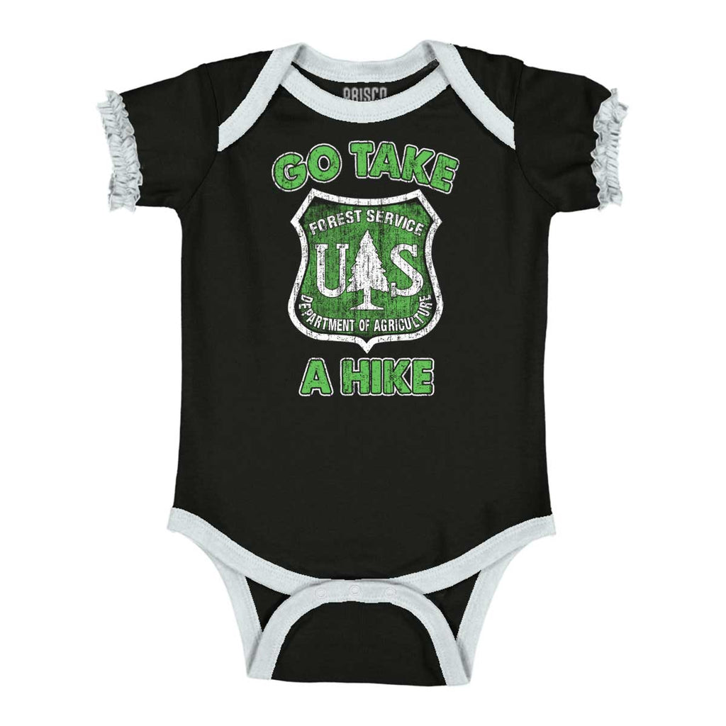 Go Take A Hike Baby Ruffled Trim Romper-Direct To Garment Print-Brisco Baby