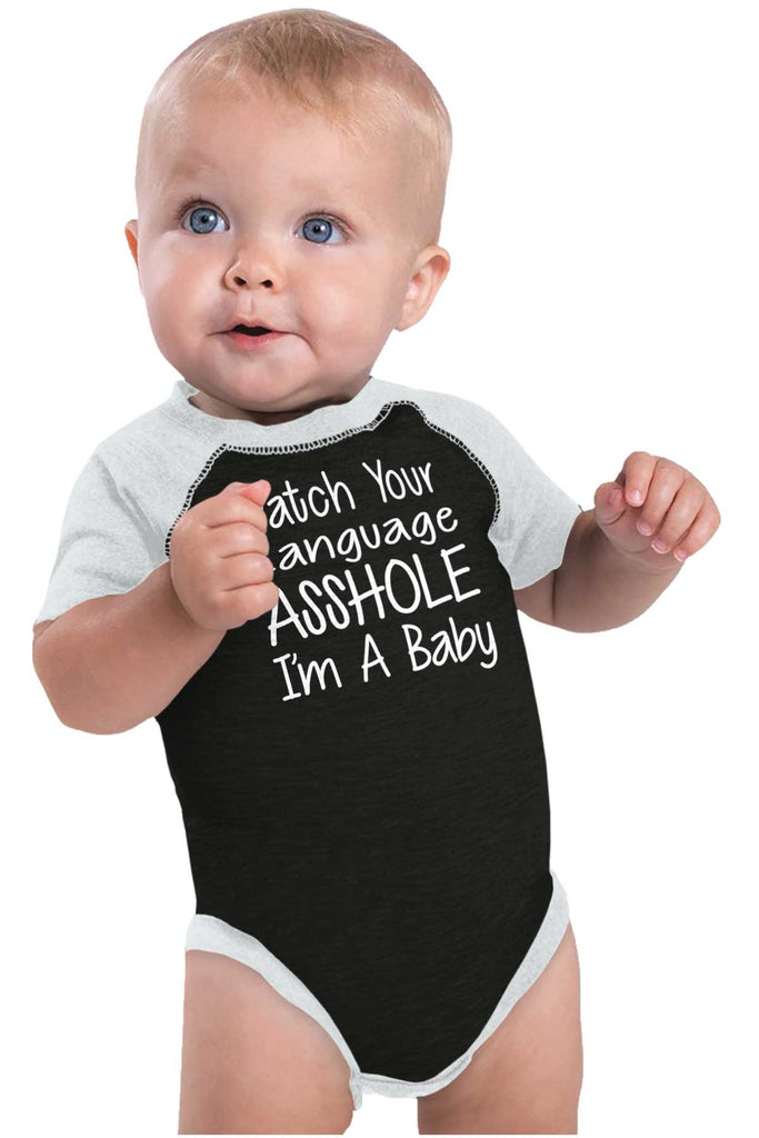 Watch The Language Raglan Romper Bodysuit-Direct To Garment Print-Brisco Baby