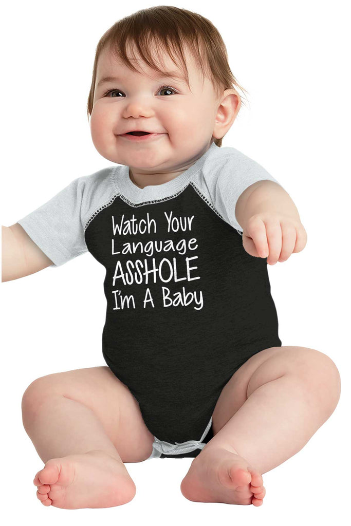 Watch The Language Raglan Romper Bodysuit-Direct To Garment Print-Brisco Baby