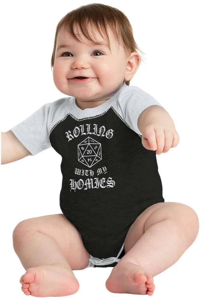 Rolling With My Homies Dungeons Raglan Romper Bodysuit-Direct To Garment Print-Brisco Baby
