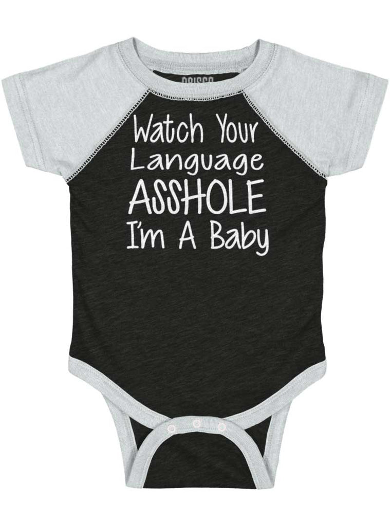 Watch The Language Raglan Romper Bodysuit-Direct To Garment Print-Brisco Baby