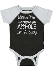 Watch The Language Raglan Romper Bodysuit-Direct To Garment Print-Brisco Baby
