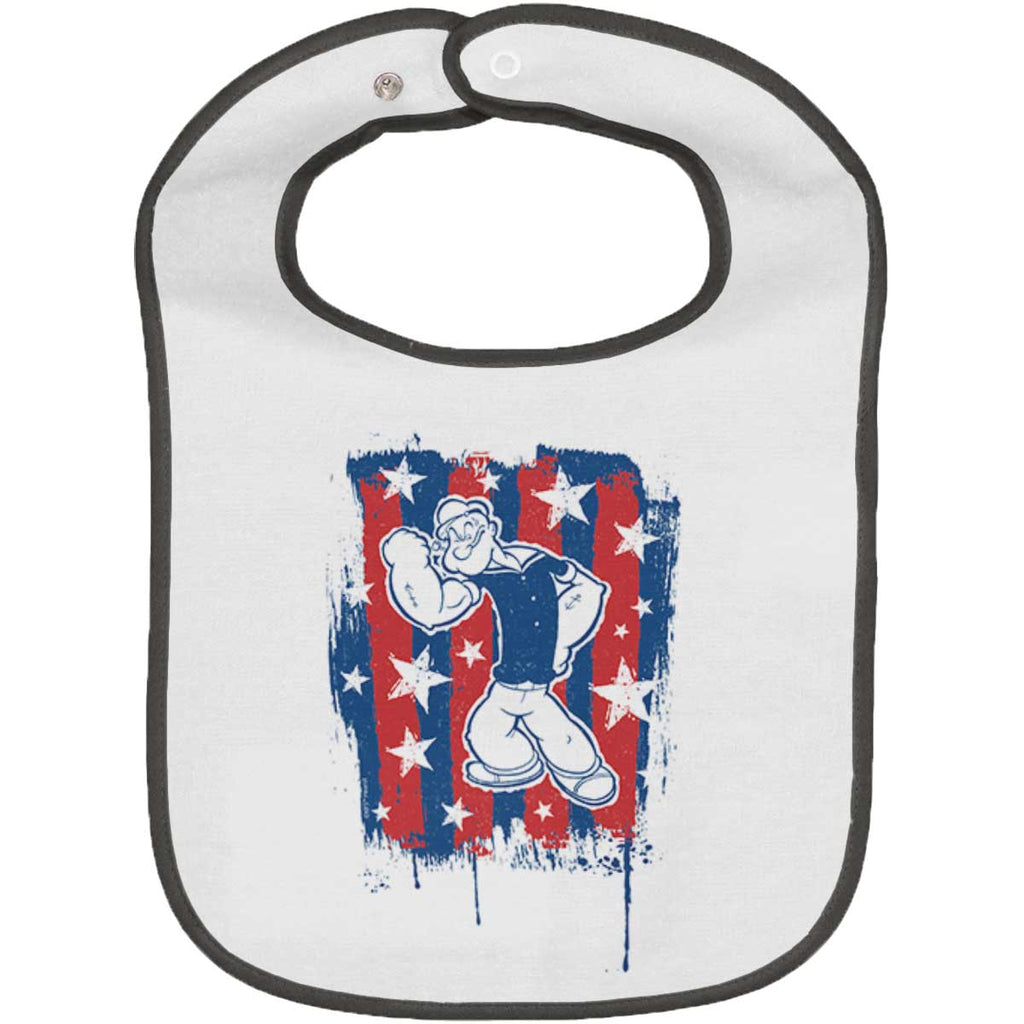 Stars Stripes Popeye Trimmed White Snap Bib-Direct To Garment Print-Brisco Baby