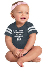 9 Months in Batcave Football Romper Bodysuit-Direct To Garment Print-Brisco Baby