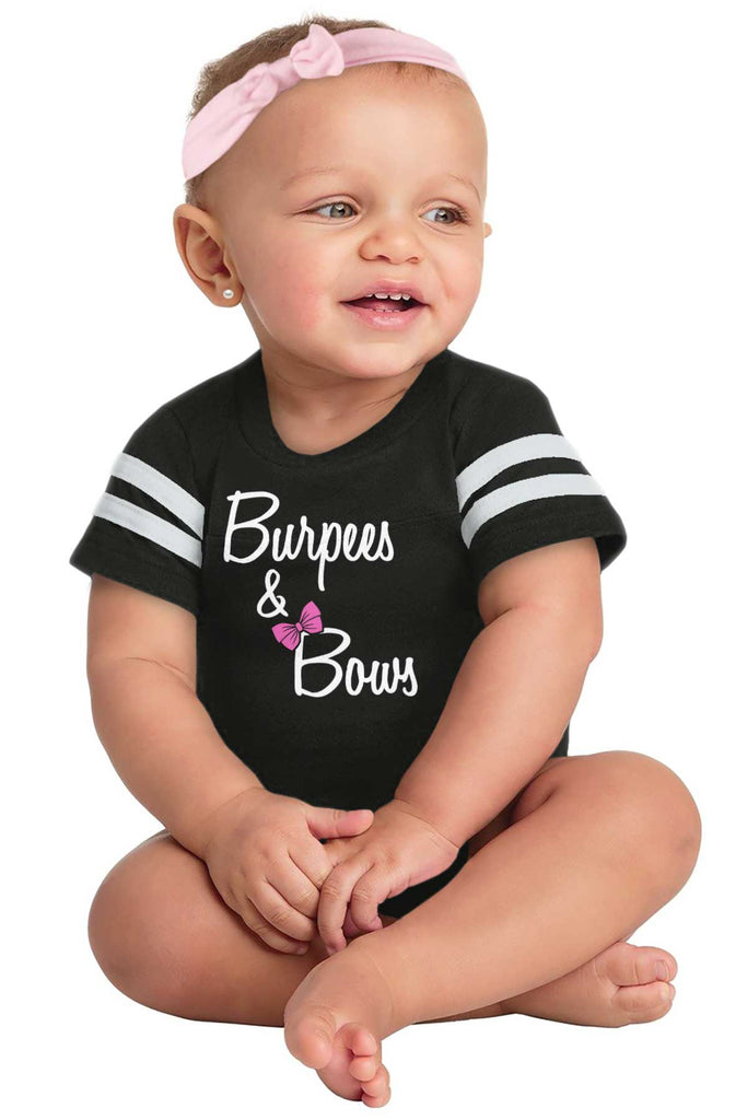 Burpees and Bows Football Romper Bodysuit-Direct To Garment Print-Brisco Baby