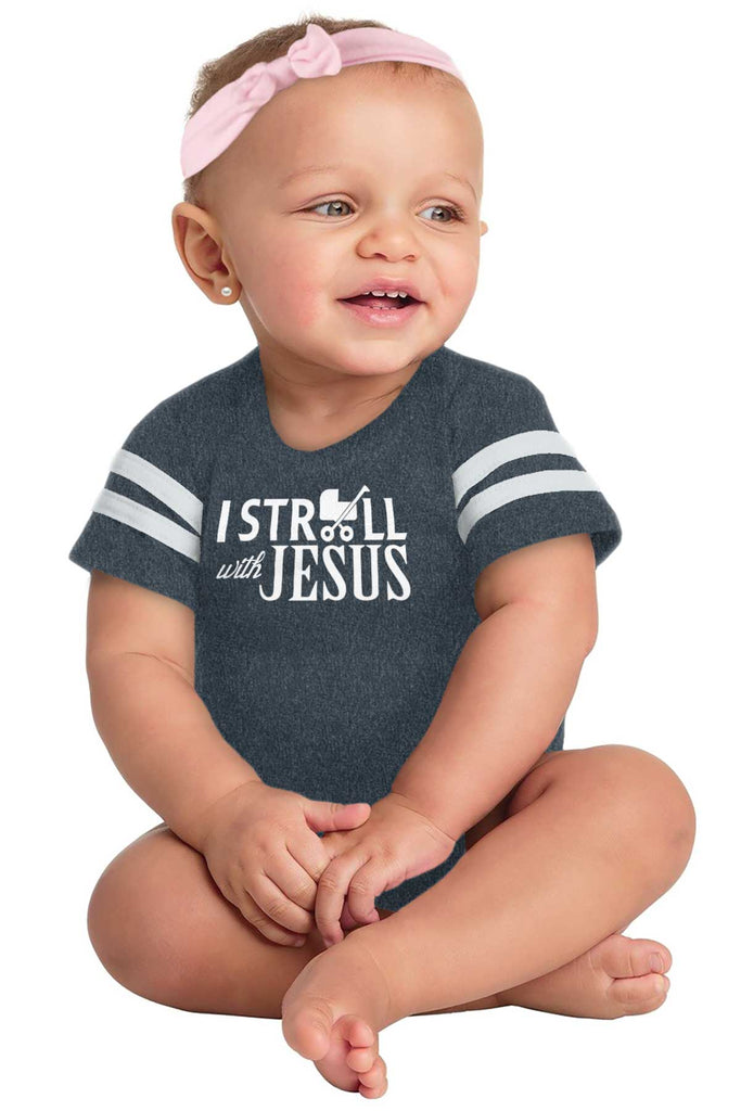 Stroll With Jesus Football Romper Bodysuit-Direct To Garment Print-Brisco Baby