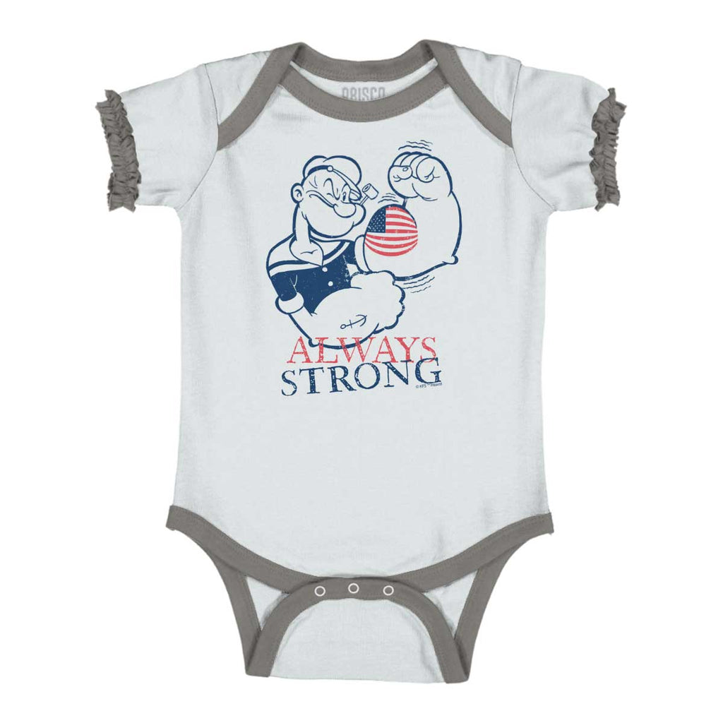 Always Strong Baby Ruffled Trim Romper-Direct To Garment Print-Brisco Baby