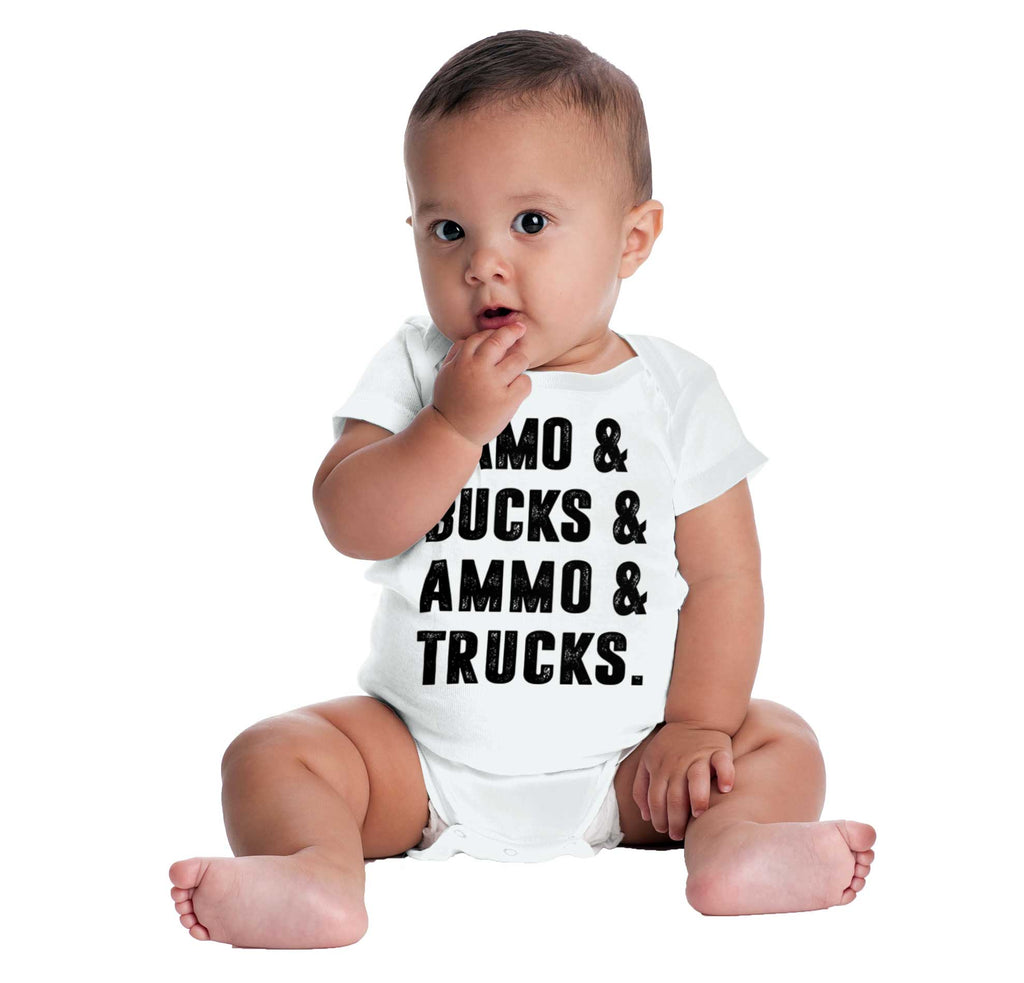 Camo Bucks Ammo Trucks Romper Bodysuit-Direct To Garment Print-Brisco Baby