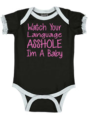 Watch The Language Baby Ruffled Trim Romper-Direct To Garment Print-Brisco Baby