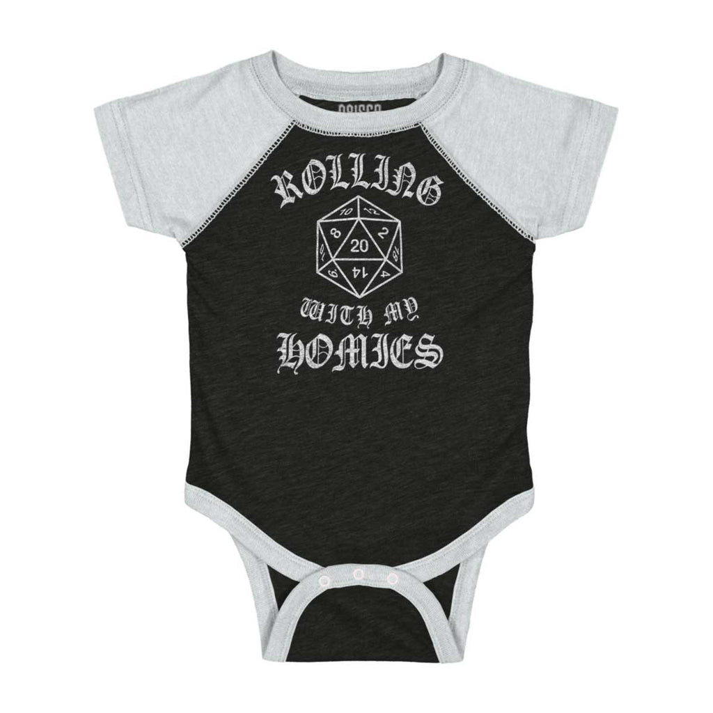 Rolling With My Homies Dungeons Raglan Romper Bodysuit-Direct To Garment Print-Brisco Baby