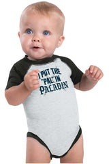 Put The Pal In Paladin Dungeons Raglan Romper Bodysuit-Direct To Garment Print-Brisco Baby