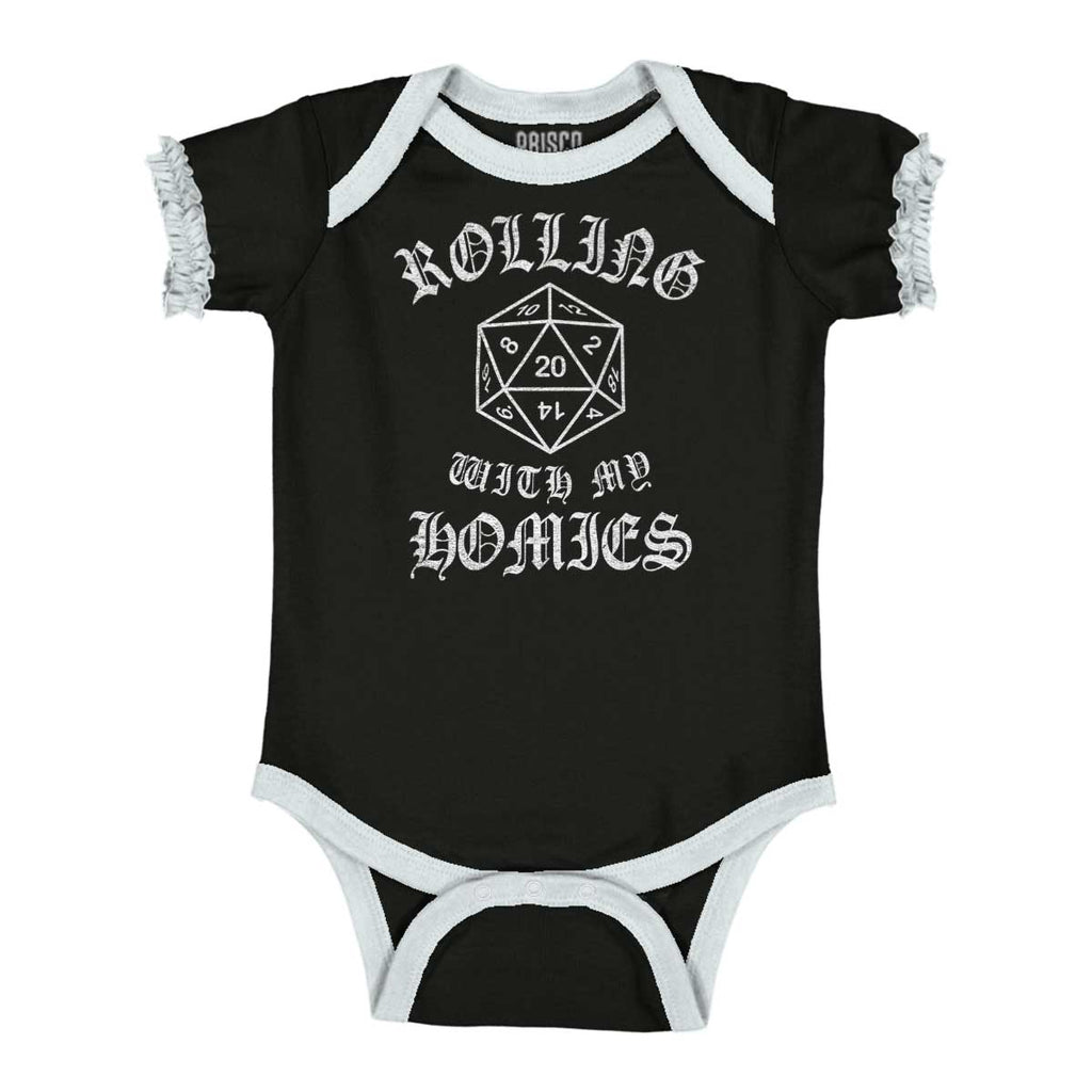 Rolling With My Homies Dungeons Baby Ruffled Trim Romper-Direct To Garment Print-Brisco Baby