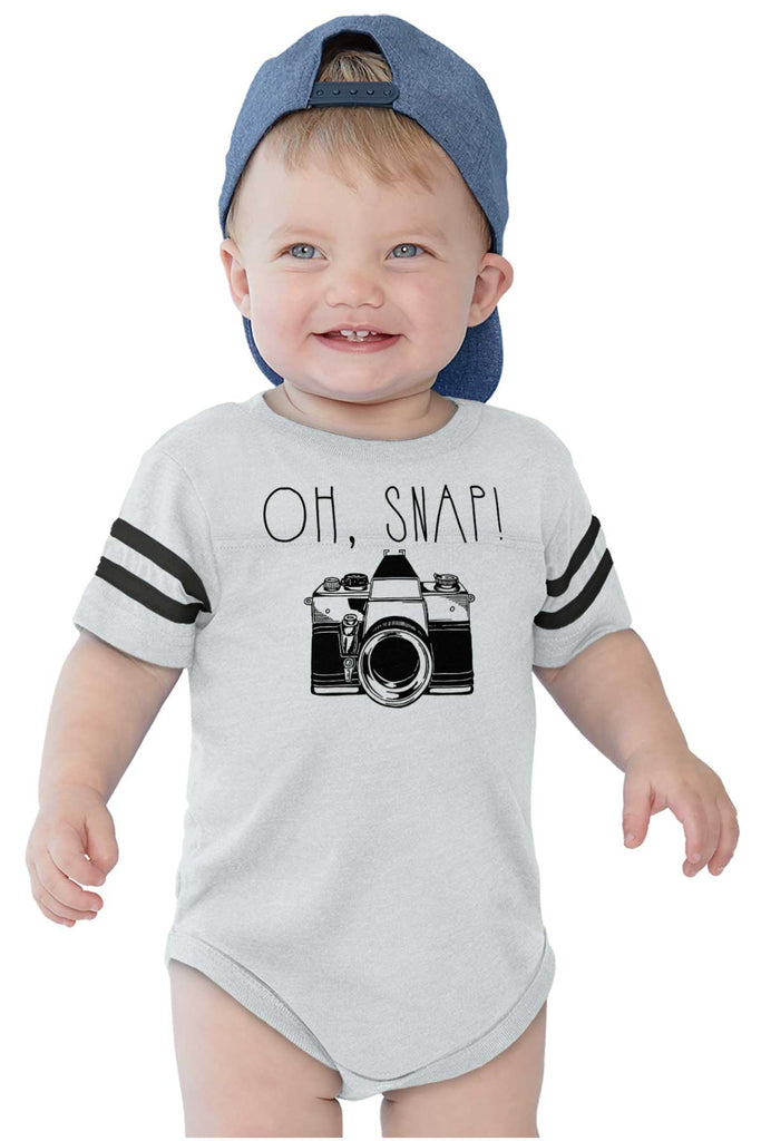 Oh Snap Camera Football Romper Bodysuit-Direct To Garment Print-Brisco Baby