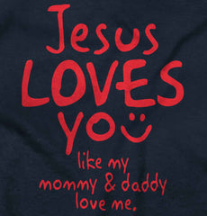 Jesus Loves You Baby Ruffled Trim Romper-Direct To Garment Print-Brisco Baby
