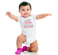 I Just Got Here Romper Bodysuit-Direct To Garment Print-Brisco Baby