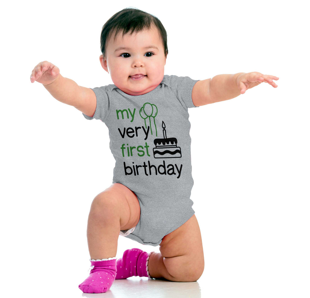 Very First Birthday Romper Bodysuit-Direct To Garment Print-Brisco Baby