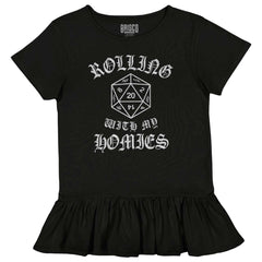 Rolling With My Homies Dungeons Toddler Ruffle Bottom Tee-Direct To Garment Print-Brisco Baby