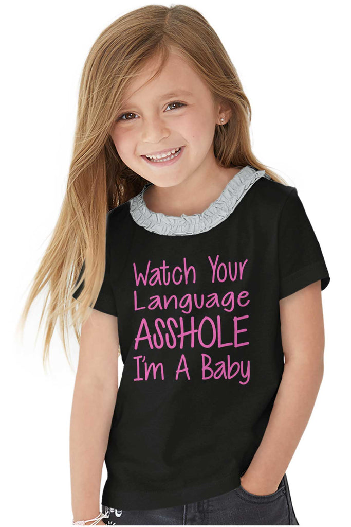 Watch The Language Toddler Ruffled Trim T-Shirt-Direct To Garment Print-Brisco Baby