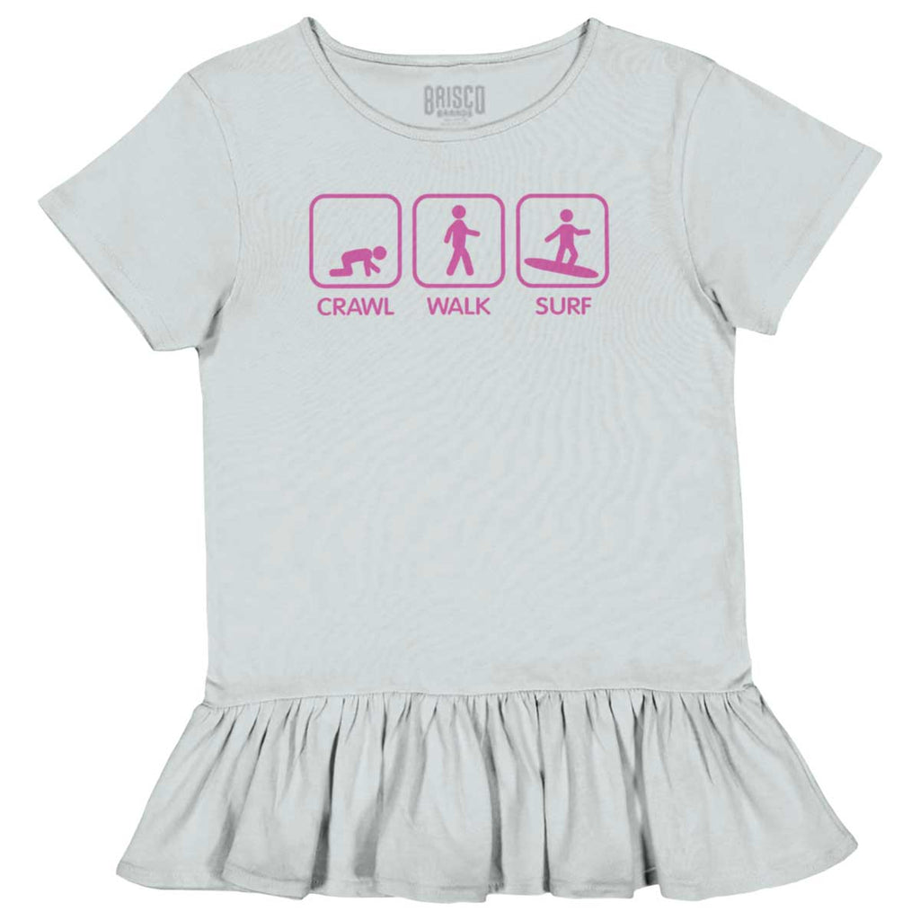 Crawl Walk Surf Toddler Ruffle Bottom Tee-Direct To Garment Print-Brisco Baby
