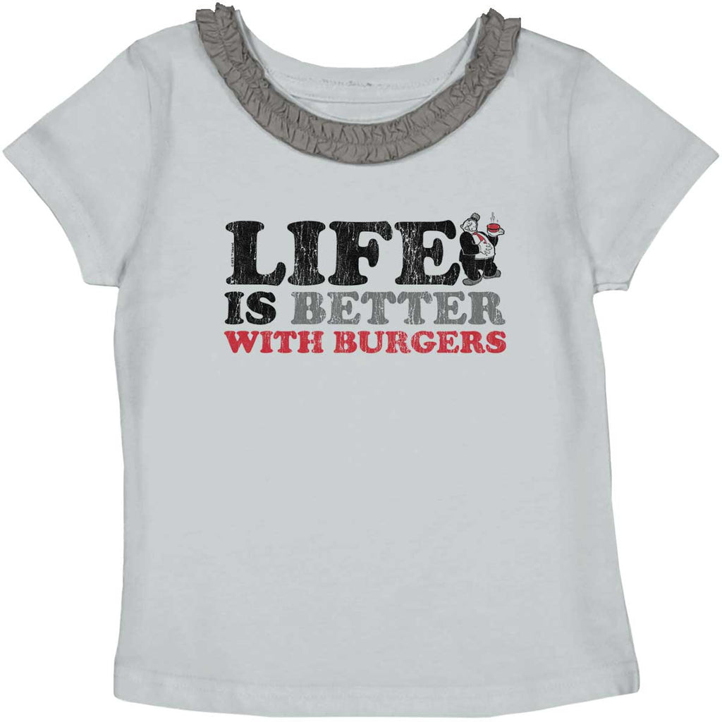 Better With Burgers Toddler Ruffled Trim T-Shirt-Direct To Garment Print-Brisco Baby