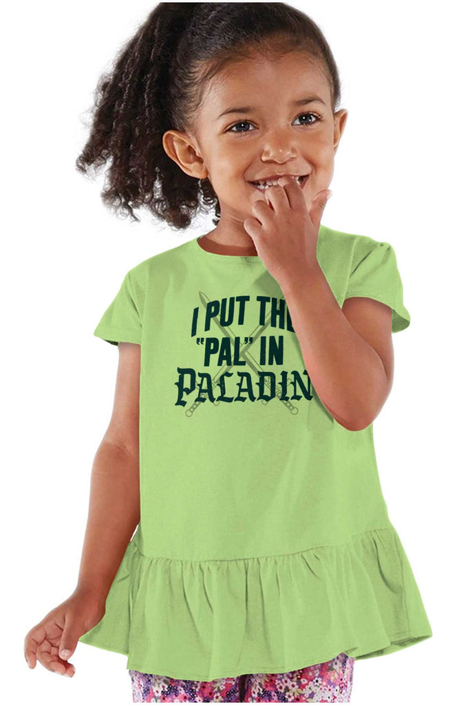 Put The Pal In Paladin Dungeons Toddler Ruffle Bottom Tee-Direct To Garment Print-Brisco Baby
