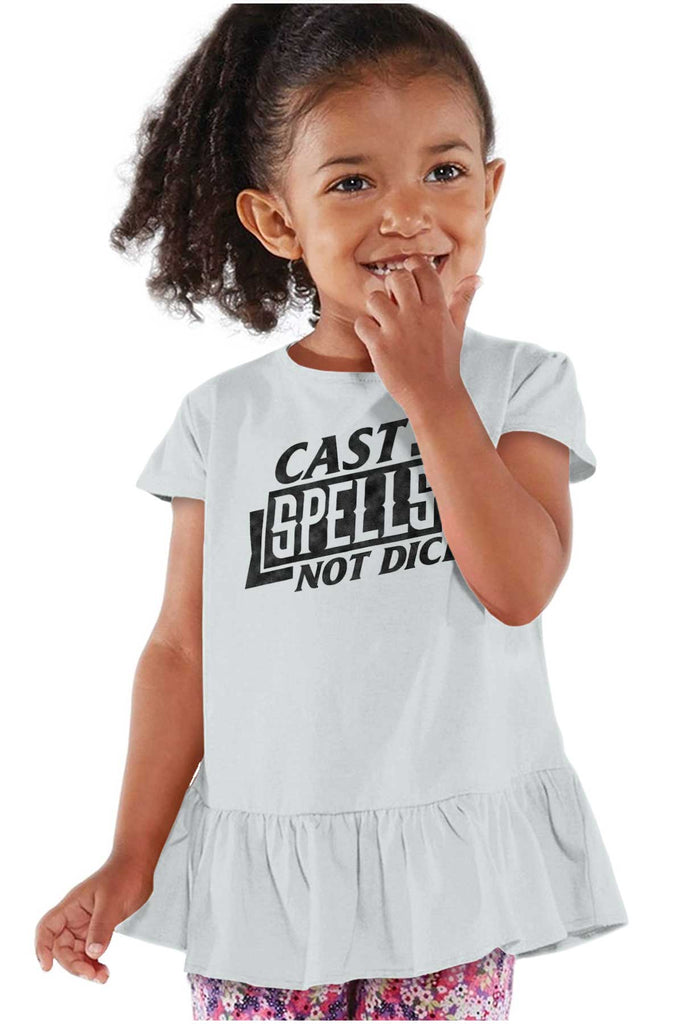 Cast Spells Not Dice Dungeons Toddler Ruffle Bottom Tee-Direct To Garment Print-Brisco Baby