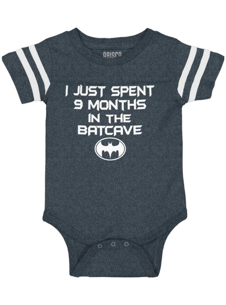 9 Months in Batcave Football Romper Bodysuit-Direct To Garment Print-Brisco Baby